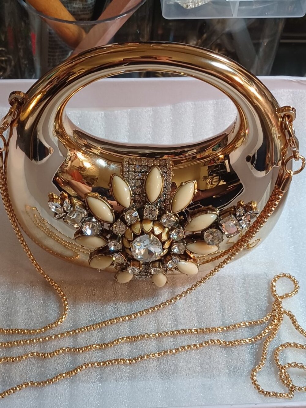 Sweet Petite Golden Acrylic Hand‑Opening Clutch – OOAK Crystal & Floral Montage